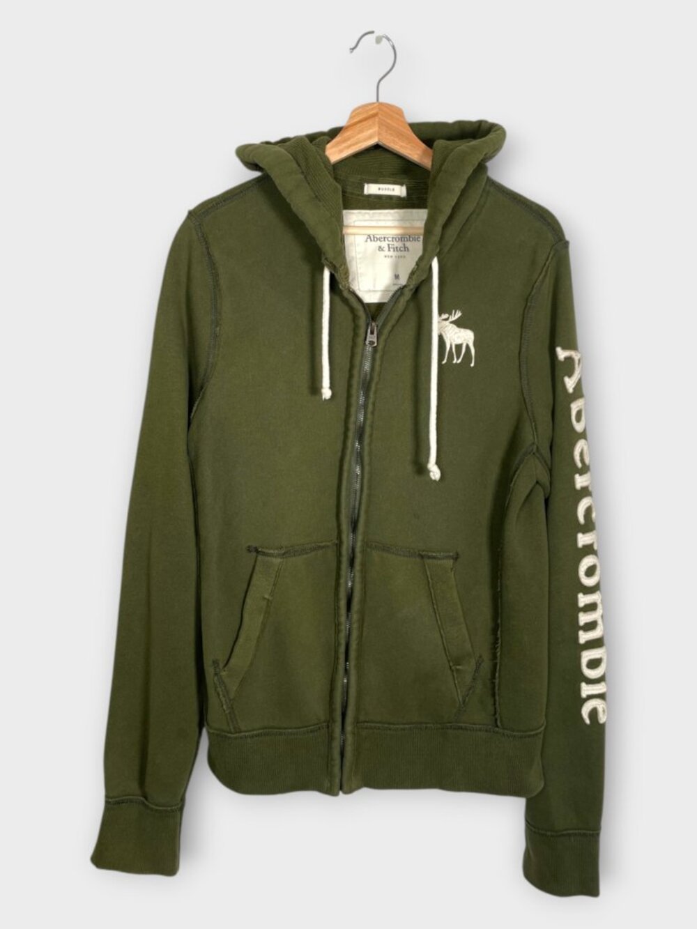 Abercrombie & Fitch Hoodie Mens Medium Muscle Fit Green Full Zip Logo EUC